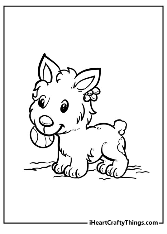 Printable page of a cute puppy with a pretty flower tucked behind the ear holding a tennis ball in the mouth
