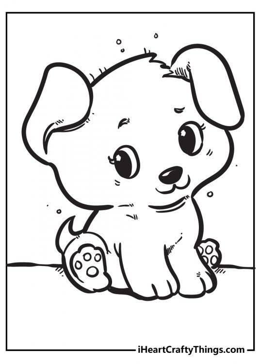 Free printable featuring adorable puppy sitting with little back paw pads showing up
