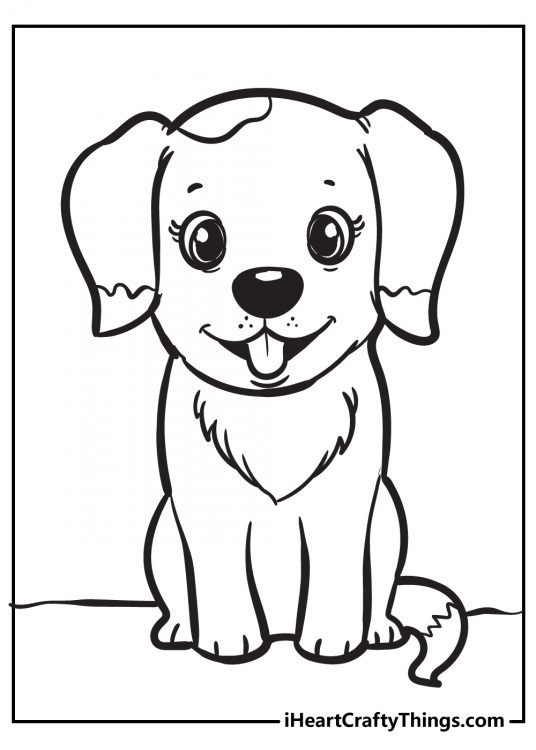 Drawing of a puppy with a pattern on the end of the tail and floppy ears looking like they have been dipped in paint