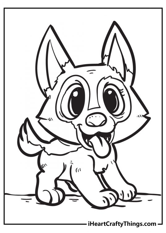Coloring drawing of a cartoony puppy with big perked up ears and eyes open wide with excitement