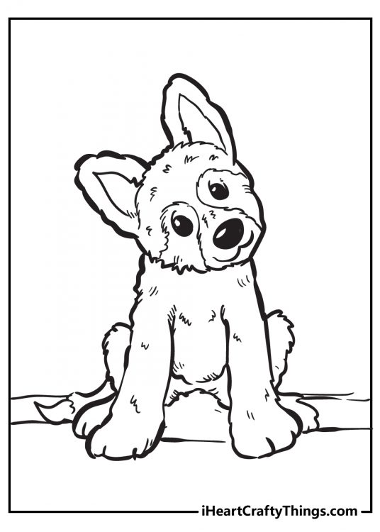 Printable page to color of a puppy listening intently with his head tilted to one side
