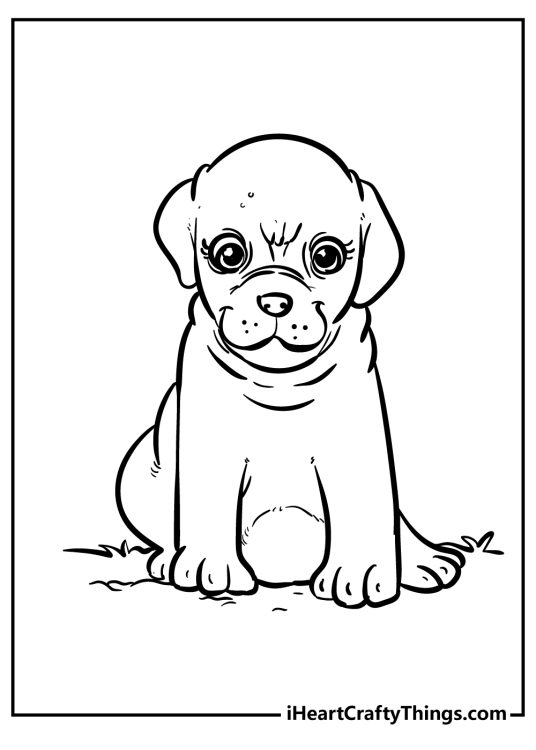 Coloring picture for children featuring puppy with expressive eyes in a sitting position