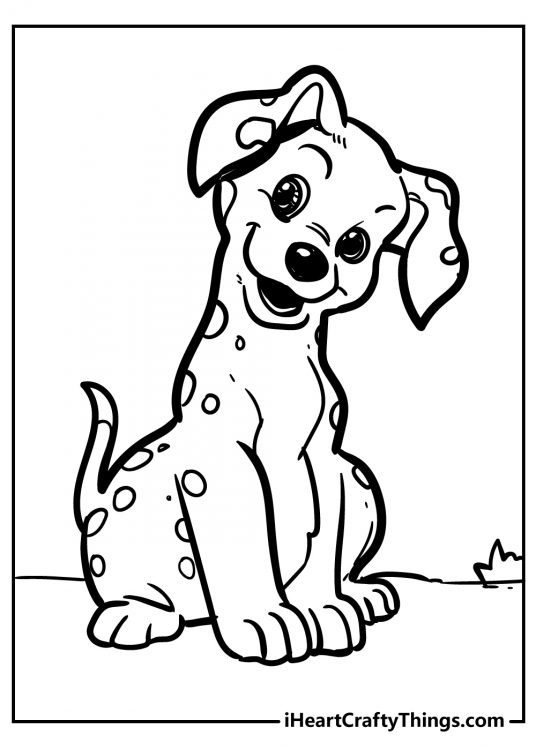 Free printable coloring sheet presenting cute dalmatian puppy with spots all over the coat