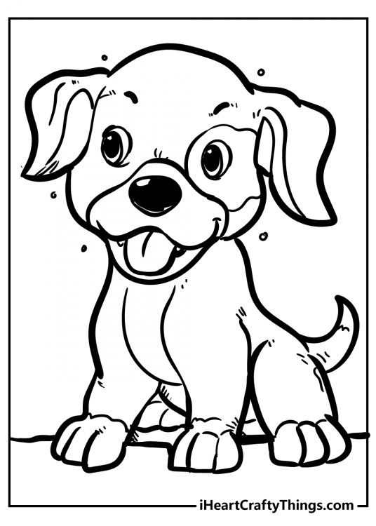 Coloring poster depicting a close-up portrayal of a cute puppy with a patch on his left eye