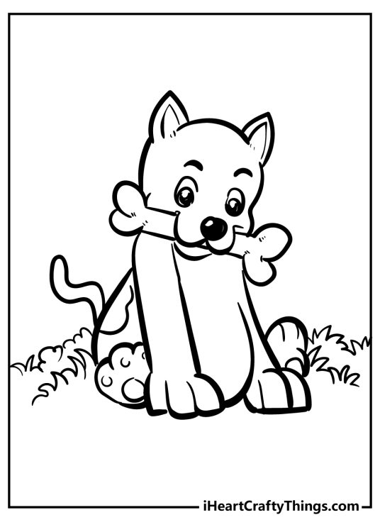 Free printable page presenting little puppy sitting and chewing on a bone surrounded by grass