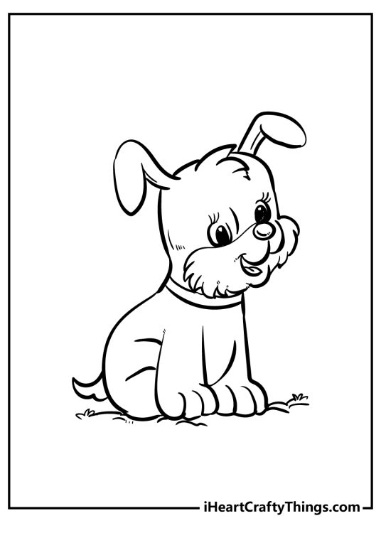 Black-and-white printable image of a puppy with happy facial expression and perked up ears
