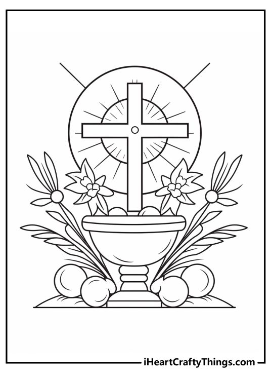 Easter-themed image featuring cross with a halo behind it and a chalice surrounded by flowers in front of it