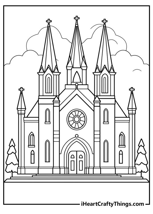 Easter-themed page to color featuring a church with three soaring steeples topped with crosses