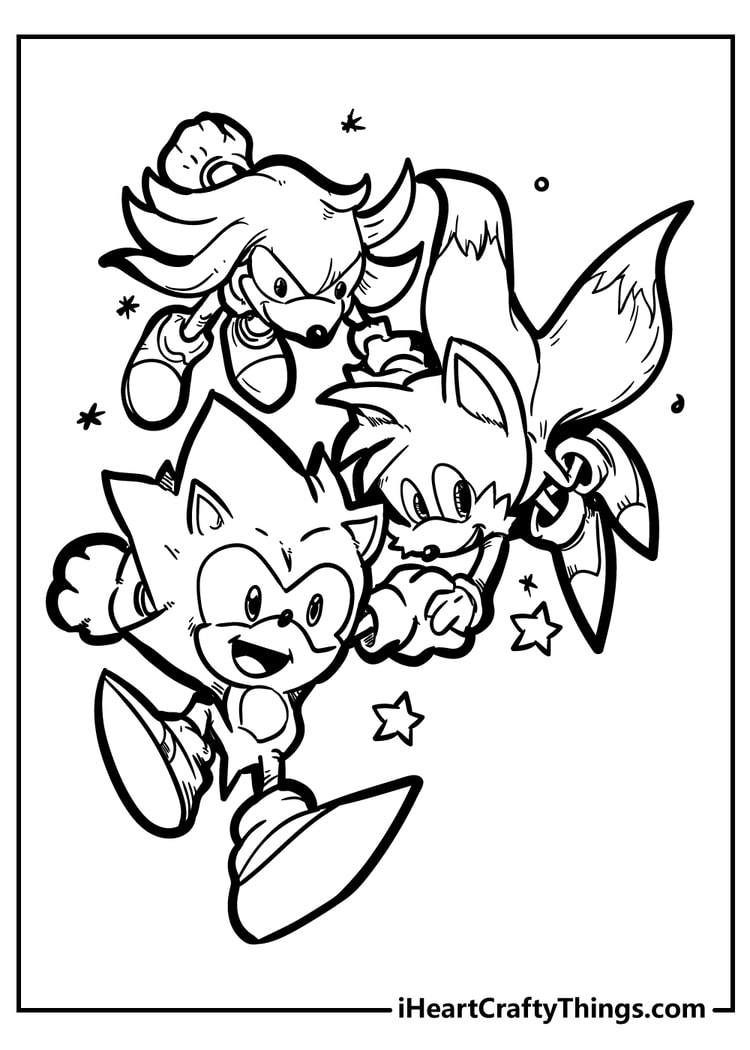 Sonic knuckles and tails in action printable coloring page for kids