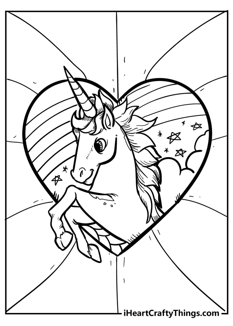 Unicorn under a rainbow coloring page