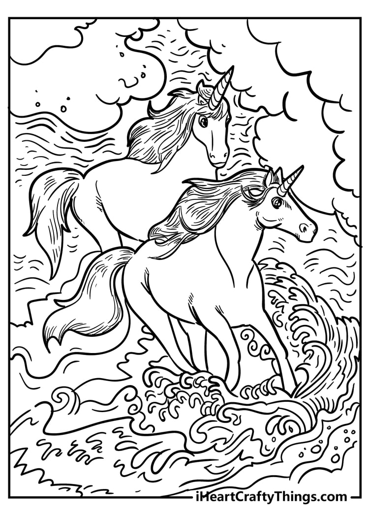 2 Unicorns in the water detailed coloring page for adults