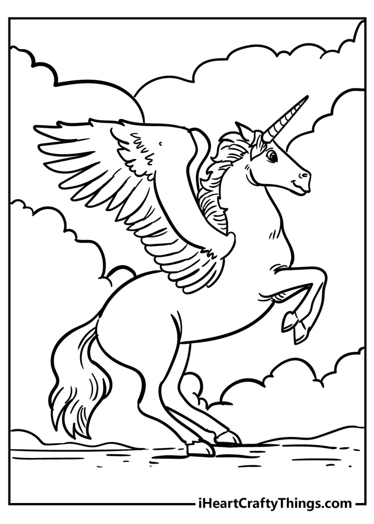 Winged unicorn in the clouds coloring page