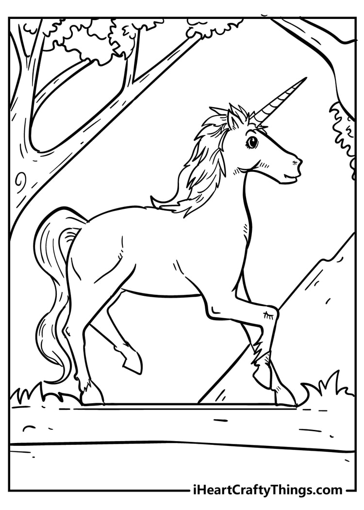 Unicorn in the magical forest coloring pdf