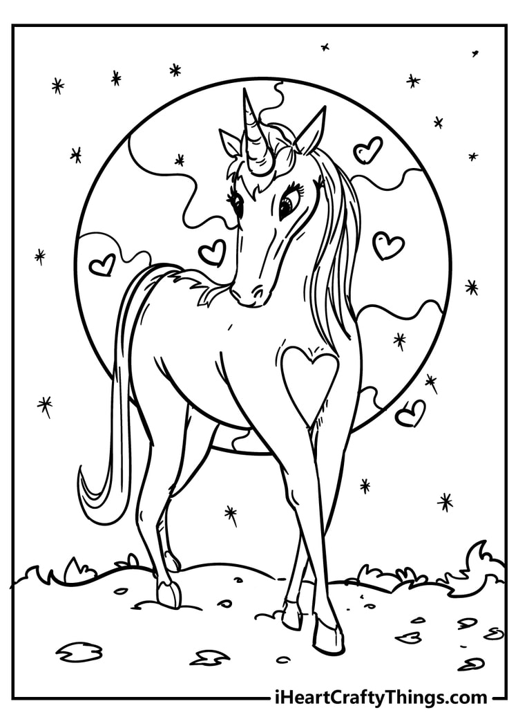 Unicorn Coloring Page with Hearts