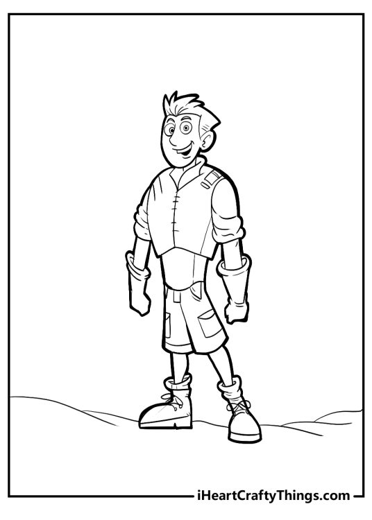 Coloring sheet presenting Wild Kratts character Chris wearing jacket shorts gloves and boots