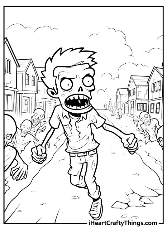 Free printable of a wrinkled zombie walking towards us with a scary face as more zombies peek from the sides