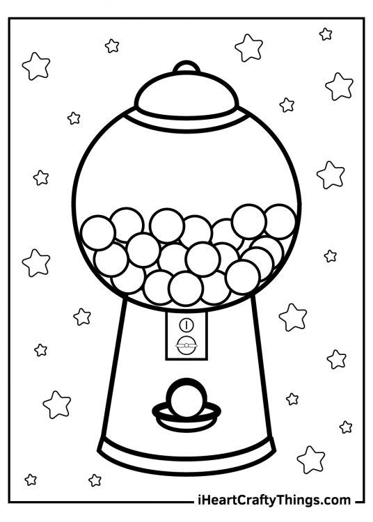 Candy-themed coloring picture presenting gumball machine with stars surrounding it