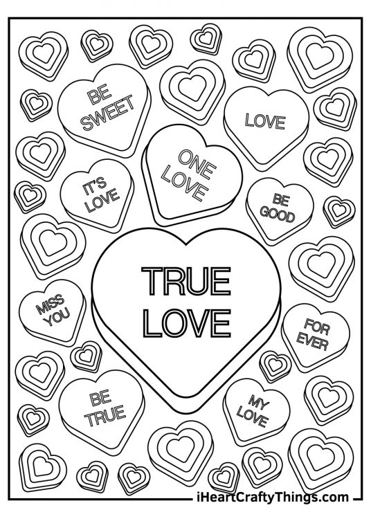 Candy-themed posters filled with candy hearts with words true love one love be sweet and other