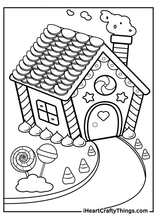 Candy-themed printable coloring sheet for children presenting intricate candy house