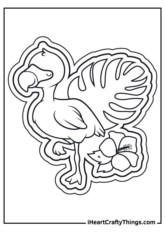 Free printable sheet featuring flamingo standing on one leg surrounded by big leaf and hibiscus flower