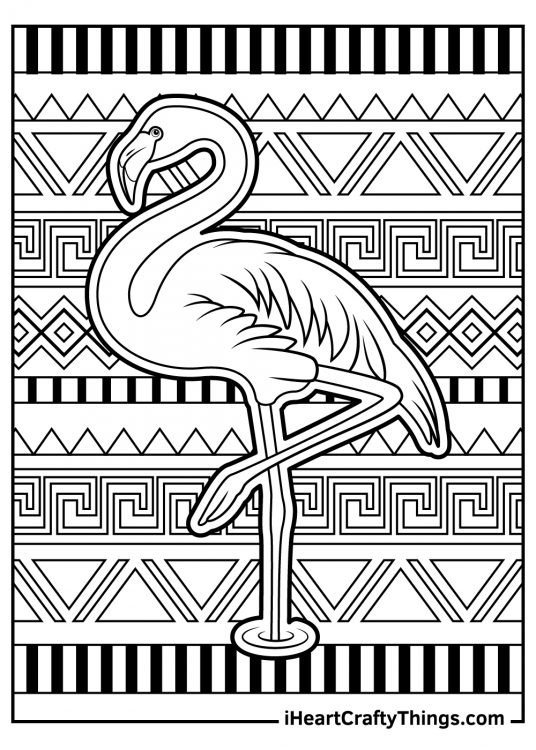 Black-and-white printable page of a flamingo with intricate background details of different shapes
