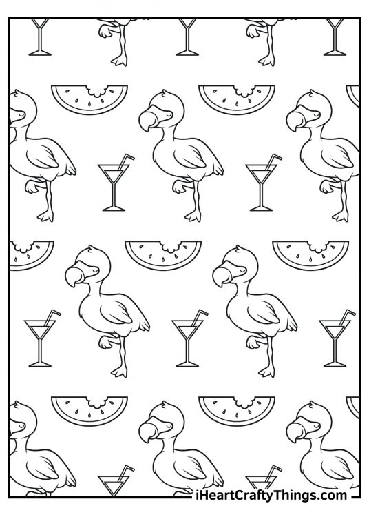 Free coloring poster filled with a flamingos standing on one leg, bitten watermelon slices and a cocktail drinks