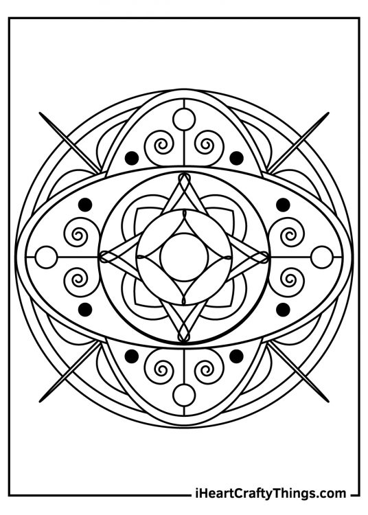 Intricate printable drawing of a mandala with four needle points coming out from its sides