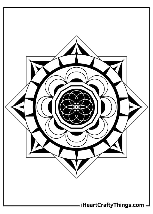Detailed mandala coloring page for aduts showing lotus patterns circles and squares
