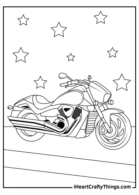 Motorcycle-themed coloring page for kids featuring modern cruiser with stars in the background