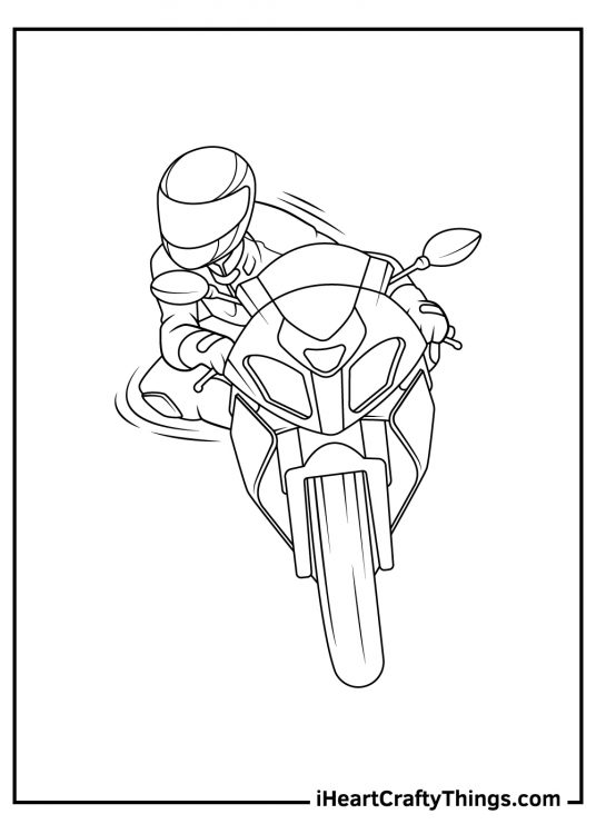 Motorcycle-themed printable page featuring front view of a racing motorcycle with its rider