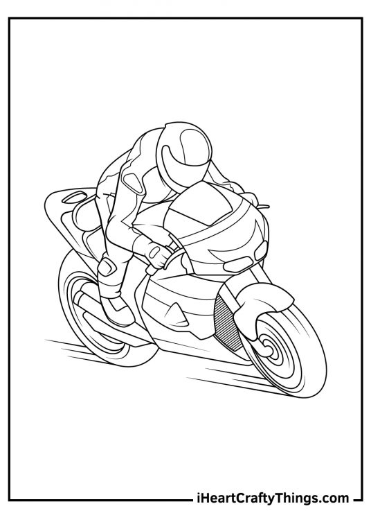 Motorcycle coloring page for children featuring a sports bike in use during racing event