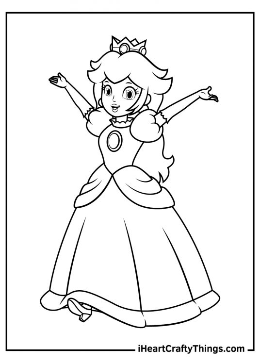 Free printable coloring sheet presenting Princess Peach happily smiling with arms lifted in the air