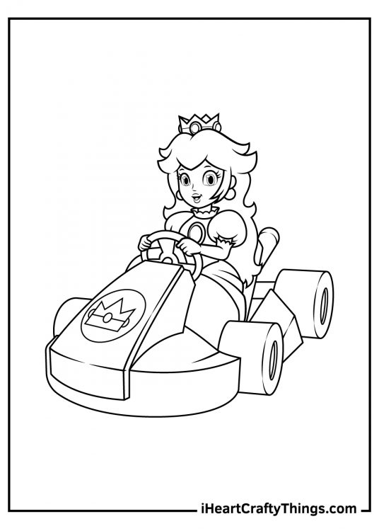 Detailed coloring picture for kids presenting Princess Peach driving a Mario Kart