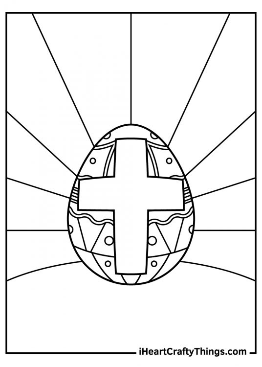 Easter-themed coloring page of an Easter egg with a big cross on it and segmented background behind it