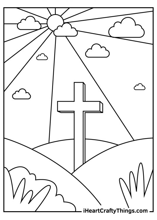 Black-and-white Easter poster presenting big cross in the field with sun brightly shining above it