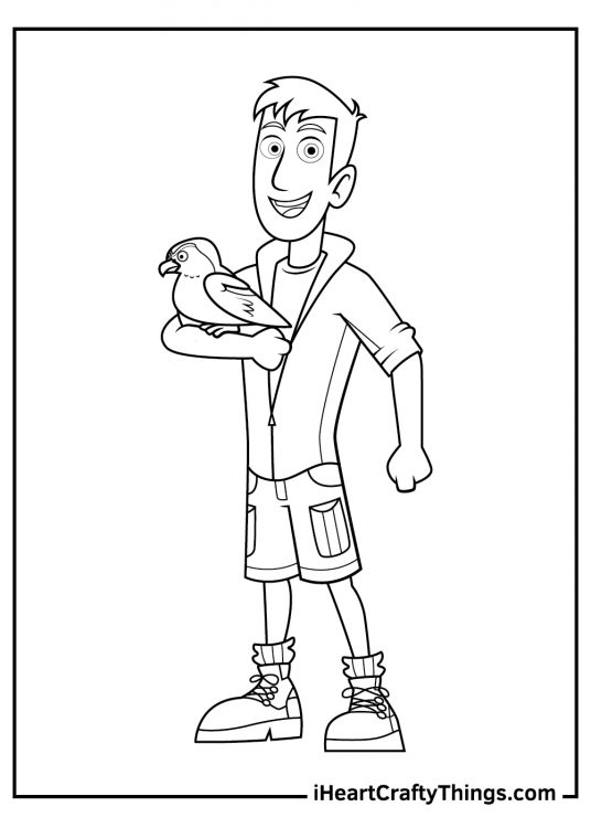 Wild Kratts-themed coloring picture featuring Martin happily showing his parrot friend
