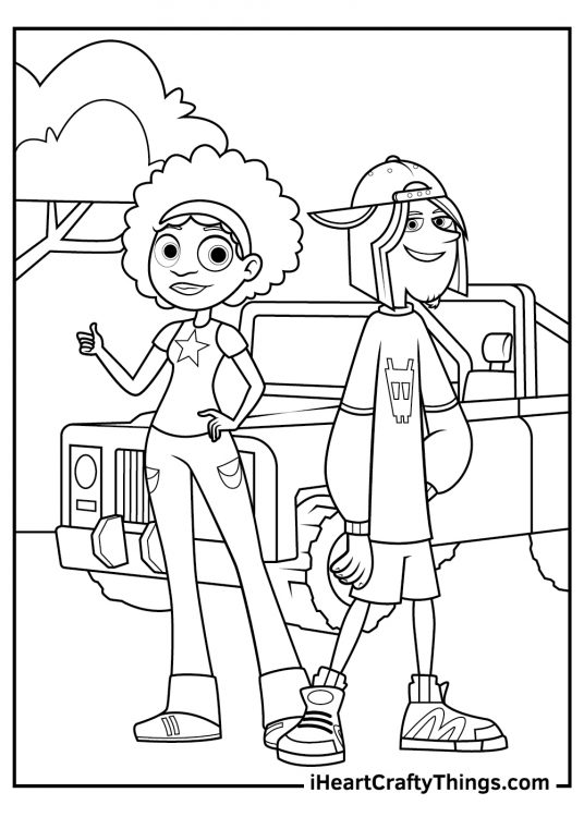 Coloring page for kids presenting Wild Kratts crew members Koki and Jimmy Z standing by a Safari jeep