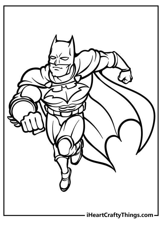 Detailed coloring image for kids featuring portrayal of a Superheroe Batman running fast