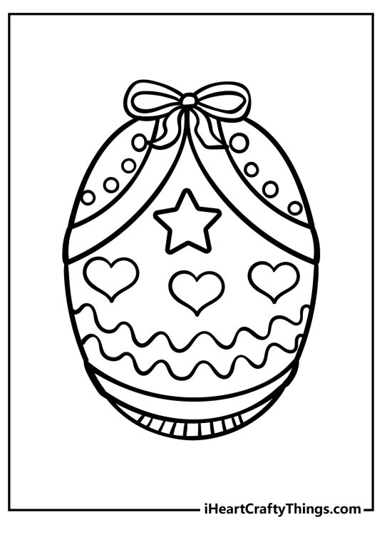 Drawing of an Easter Egg decorated with various shapes and patterns and a little bow on the top
