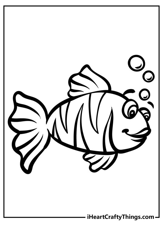 Printable coloring page for kids of a happy-looking stripy fish blowing some bubbles