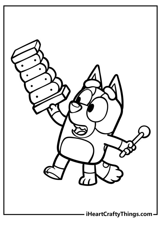 Bluey-themed coloring page for children depicting Bluey holding onto a xylophone