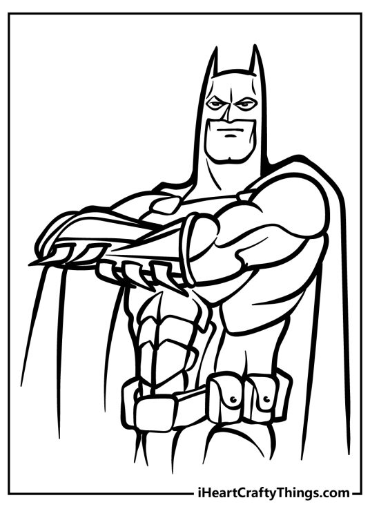 Coloring image for children depicting Batman standing proudly with arms crossed
