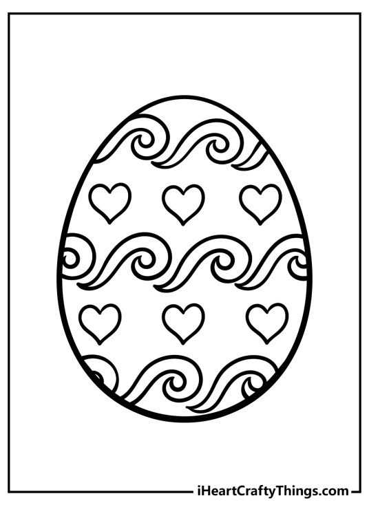 Printable image for children featuring Easter Egg decorated with hearts and waves