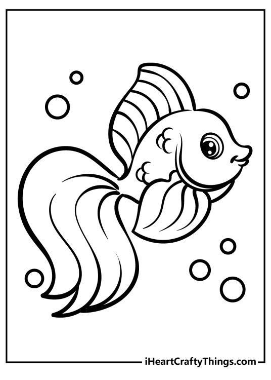 Printable fish coloring page featuring cartoon style goldfish surrounded with water bubbles
