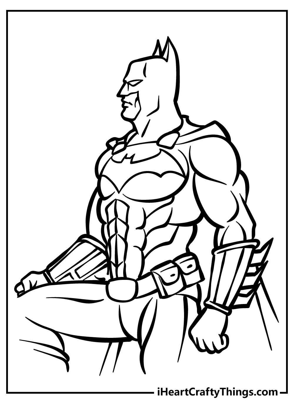 Coloring image depicting side view of a strong and muscular Batman looking very noble