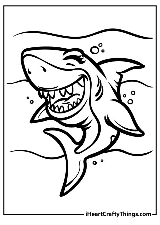 Printable coloring page for kids featuring a laughing shark with waves and bubbles in the background