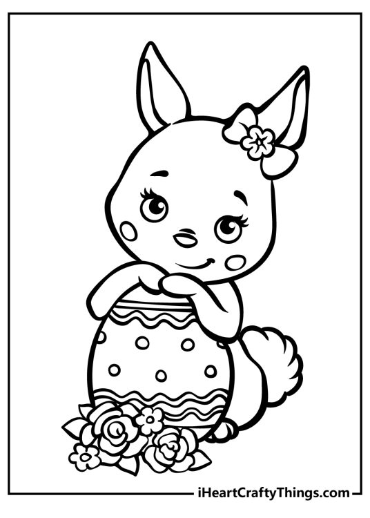 Printable poster of a sweet Easter Bunny posing behind big Easter egg with some flowers at the front of the scene