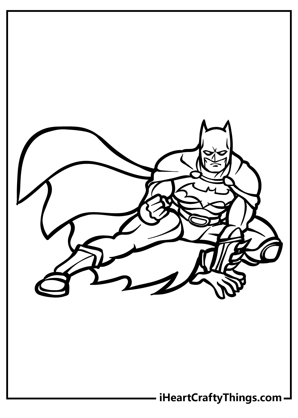 Printable coloring image of a Batman in a squat looking like he has just landed from a higher point