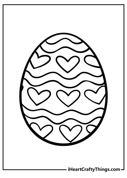 Free printable coloring card featuring pretty Easter Egg decorated with hearts and wavy lines