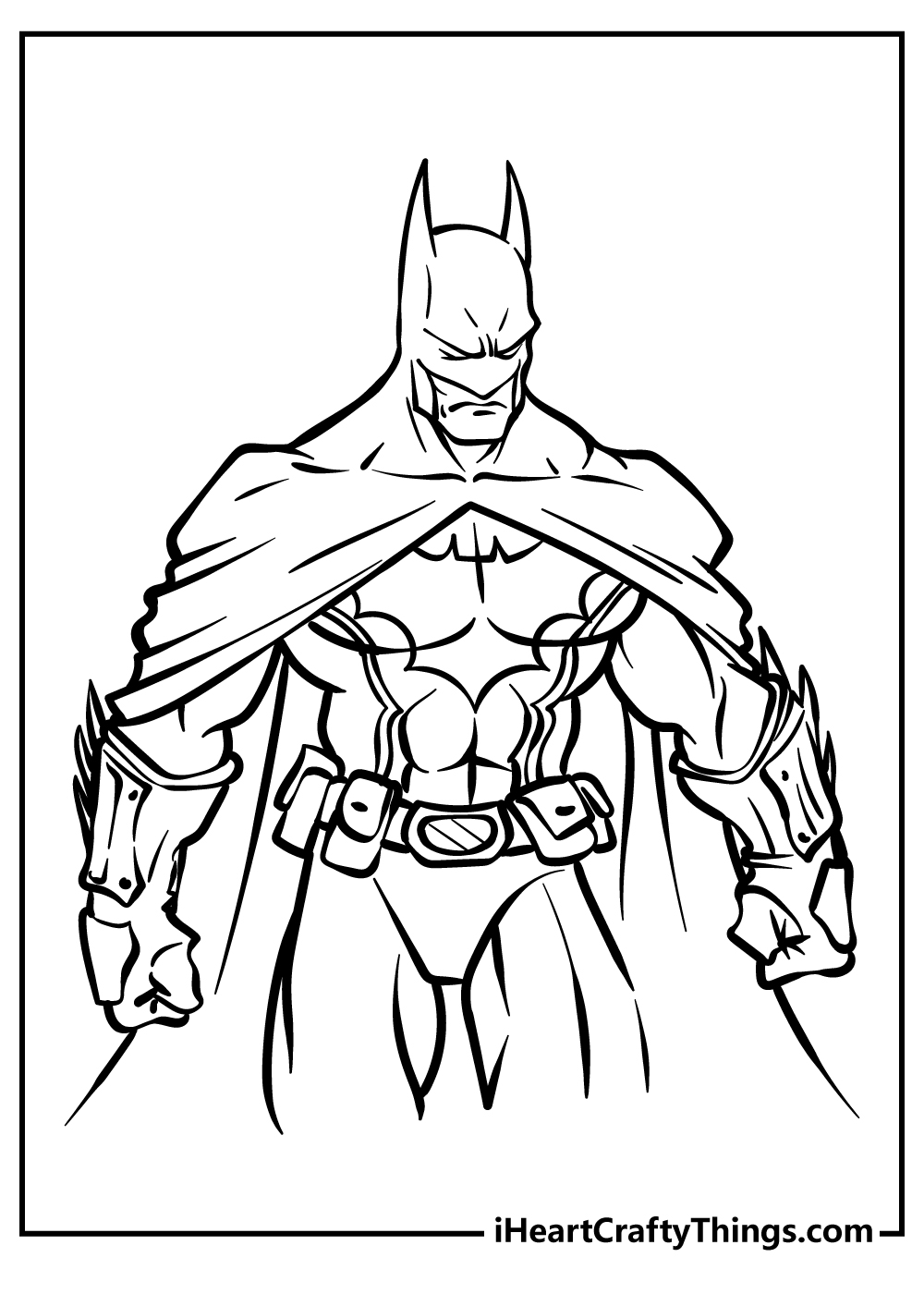 Detailed coloring pdf for adults featuring portrayal of Batman looking super cool drawn in comic-style